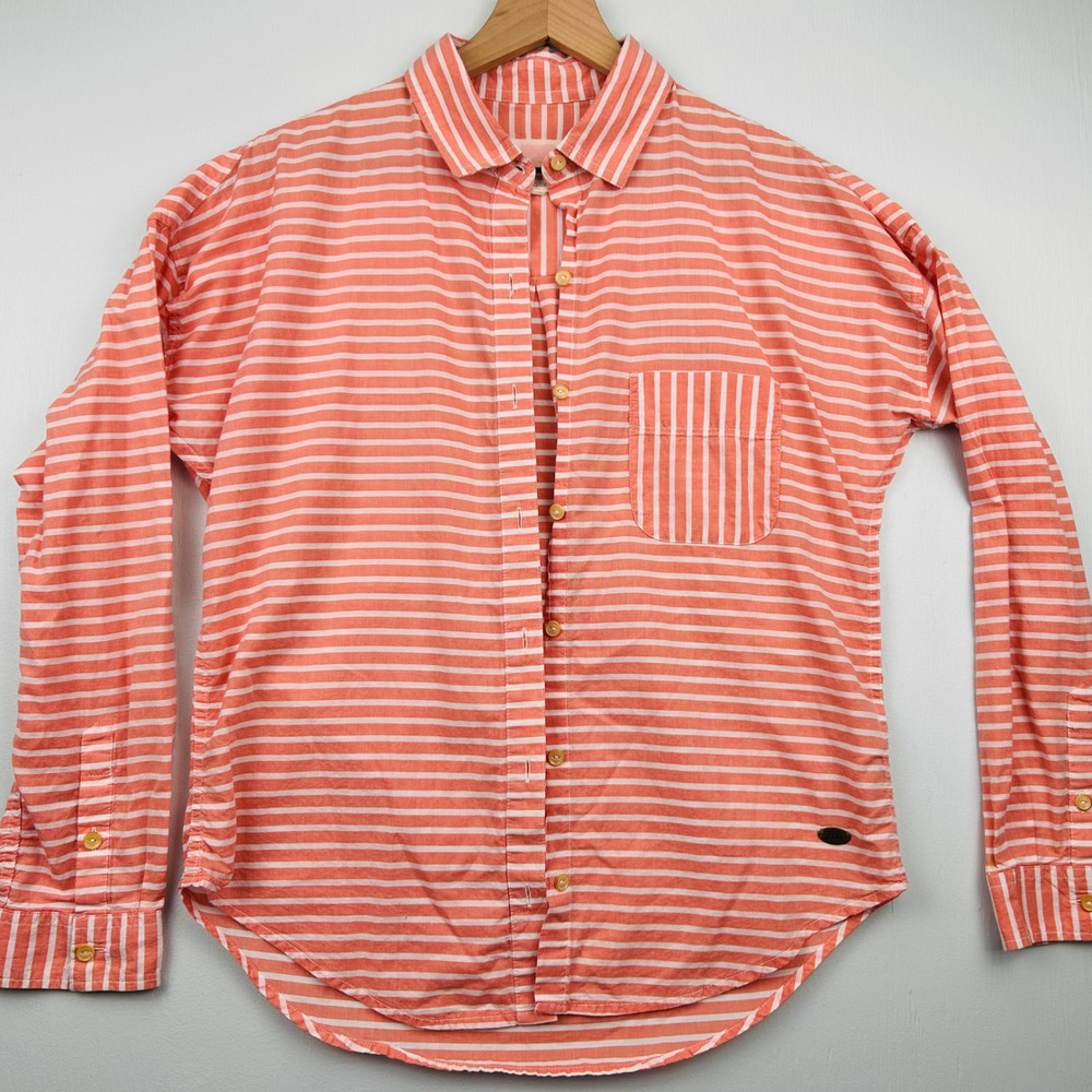 Billabong Womens Coral White Striped Long Sleeve Button Down Shirt Size Medium